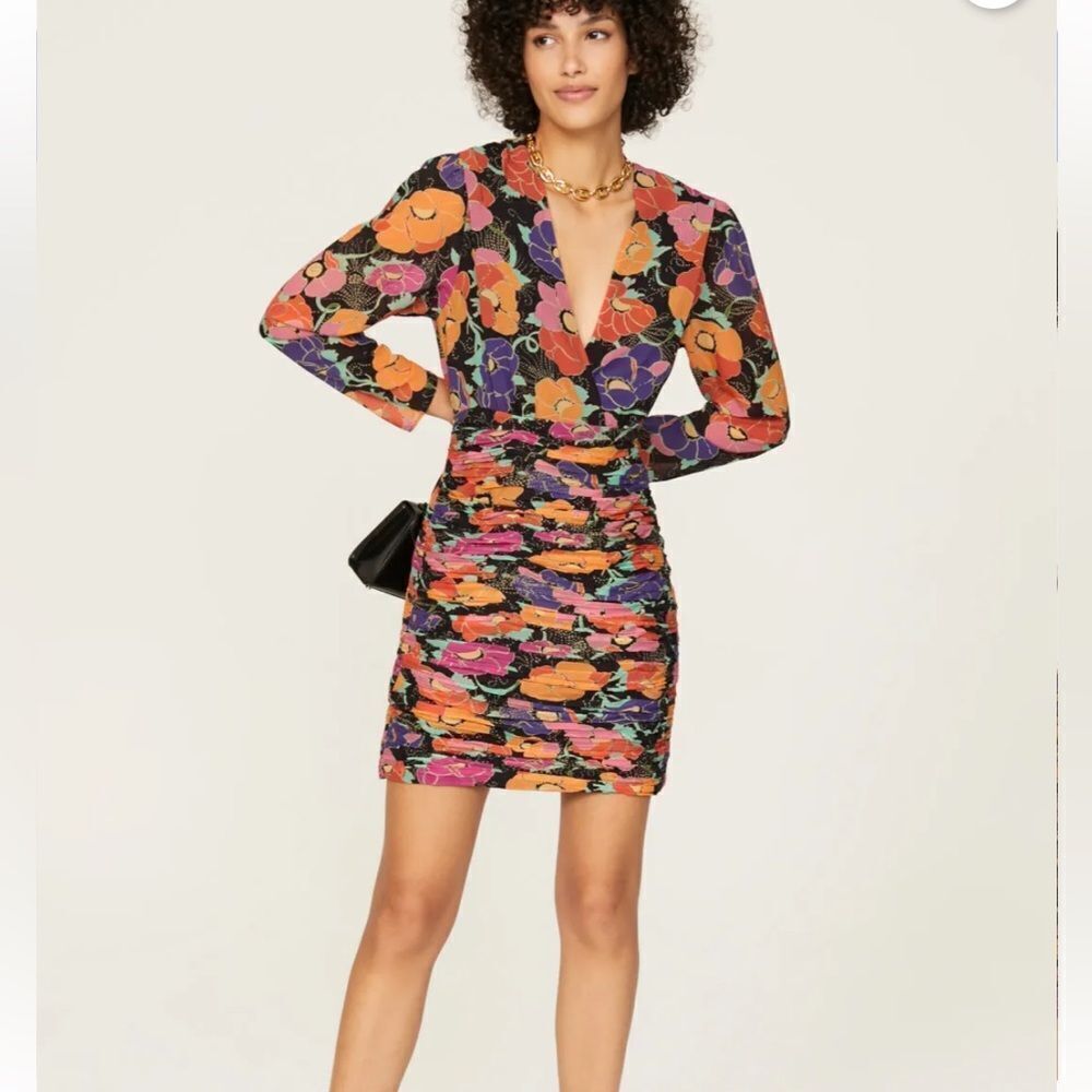 Rixo Black Silk Golden Floral Ruched Mini Dress | Size 6